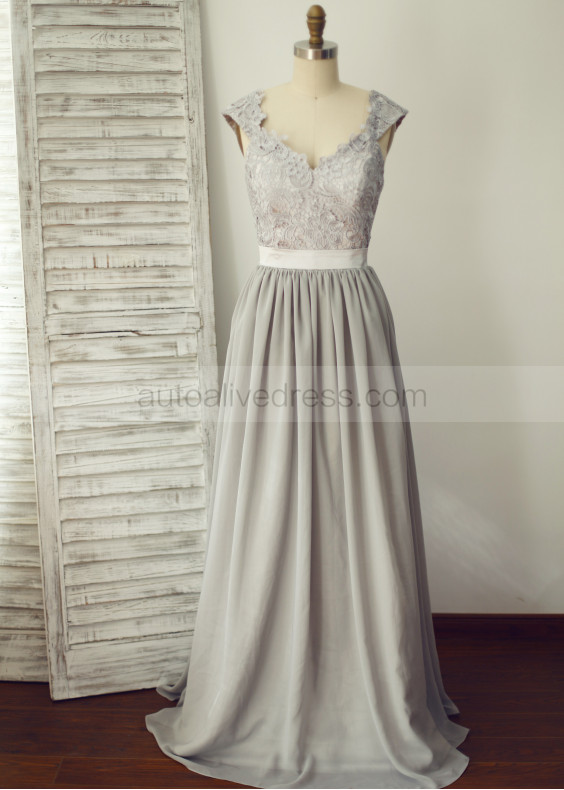 Gray Lace Chiffon Cap Sleeves Open Back Backless Prom Dress